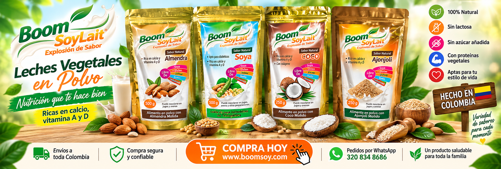 Leches vegetales en polvo BoomSoy Almendra Soya Coco Ajonjolí